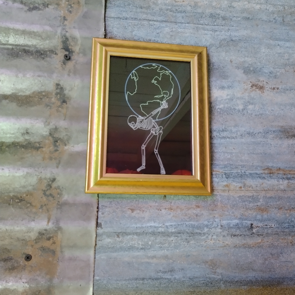 Neon skeleton lifting world Art Print